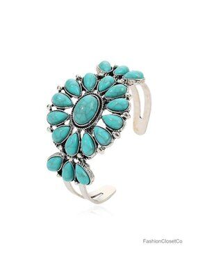 Turquoise Flower Cuff Bracelet Western Cowgirl Boho Wrap Bangle Silver Geometric